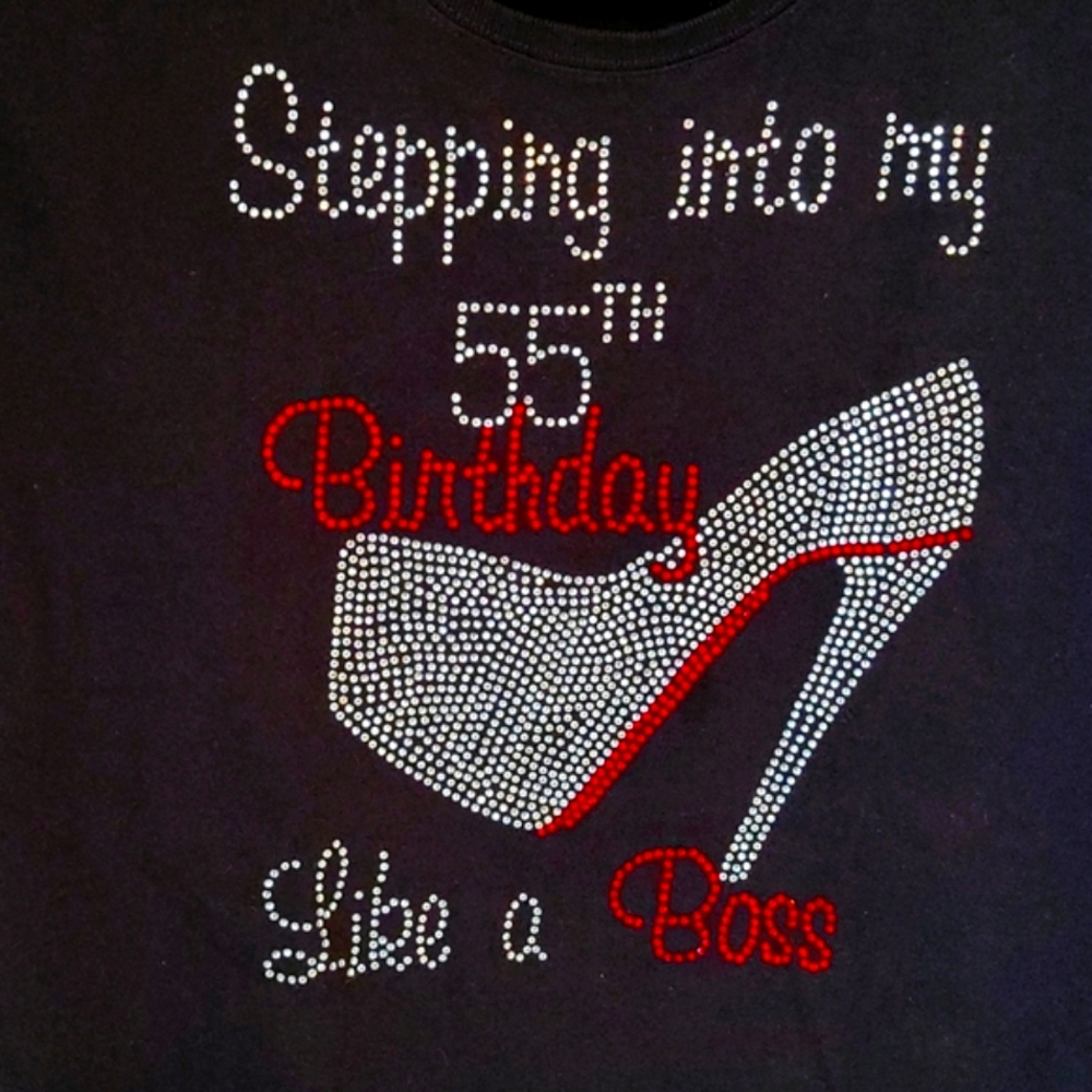 55th BIRTHDAY Short Sleeve Bling Black Tee Shirt in EUC Women's L